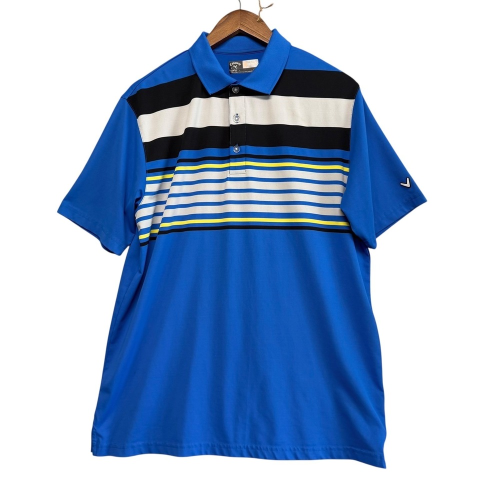 Callaway Polo‎ Shirt Mens M Performance Blue Striped Opti-Dri Short Sleeve Golf